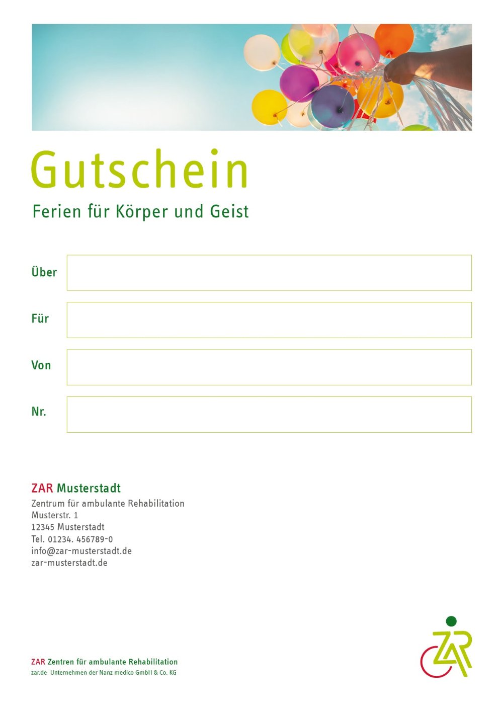 Geschenkgutschein-Vorschaubild über buchbare Behandlungen im ZAR Aalen - mit Luftballons, perfekt als Geburtstagsgeschenk.