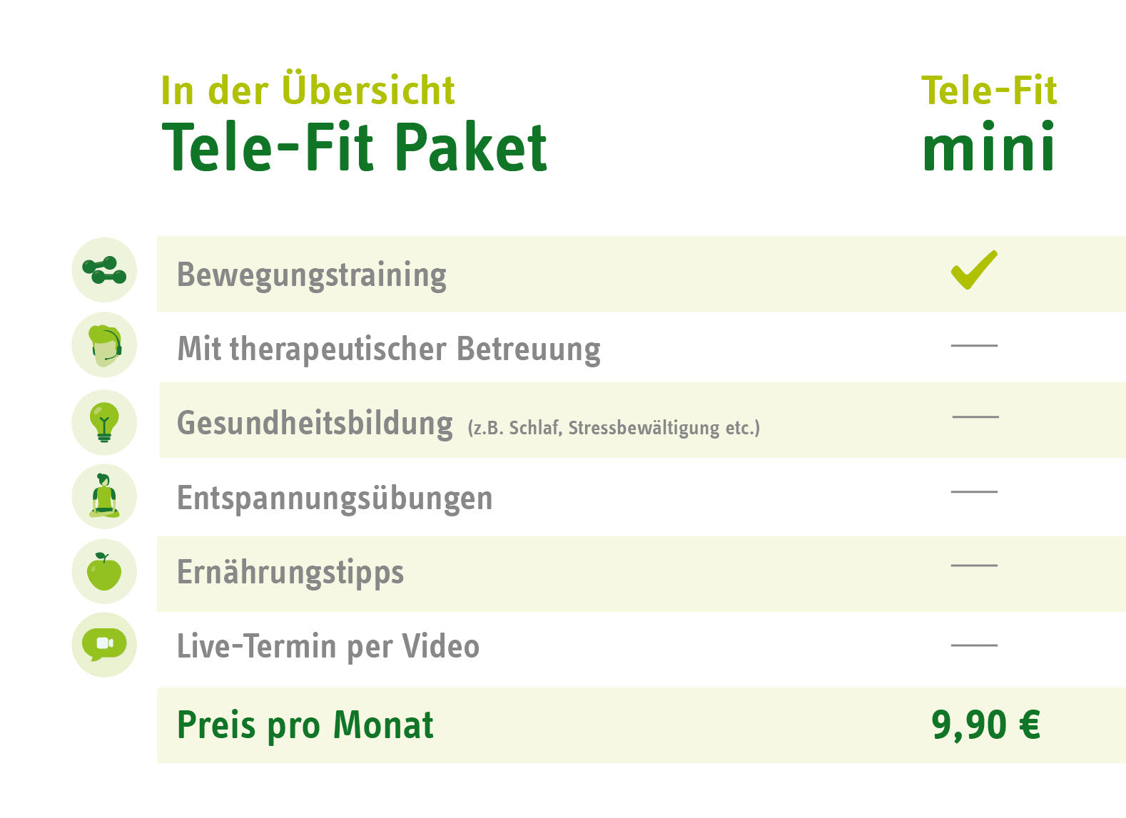 Tele-Fit mini Paket-Übersicht für das Online-Training-Programm des ZAR Aalen, perfekt für das Training zu jeder Zeit, an jedem Ort.